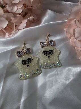 Betsey Johnson - Glitter Ghost Earrings with Pink Bow
